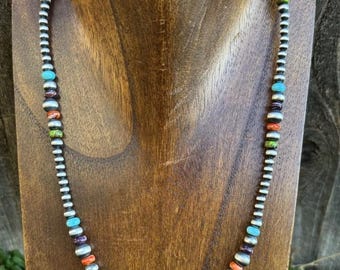 Sterling Silver Multi Graduated Multi Stone W 4mm Pearls Bead Necklace. 18 Inch