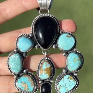Navajo Sterling Silver Black Onyx Blue Turquoise Naja Pendant KY Gift