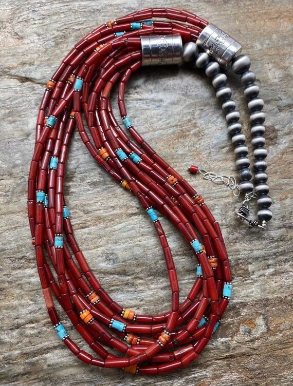 Navajo Turquoise Red Coral Sterling Cardinals Necklace 16.25