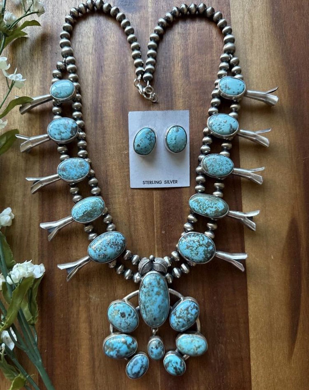 Navajo Sterling Silver White Water Turquoise Squash Blossom Pearls