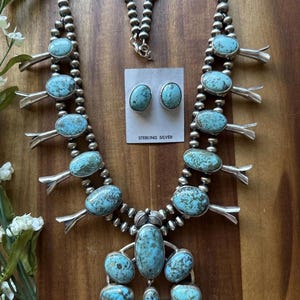 Navajo Sterling Silver White Water Turquoise Squash Blossom Pearls Necklace G