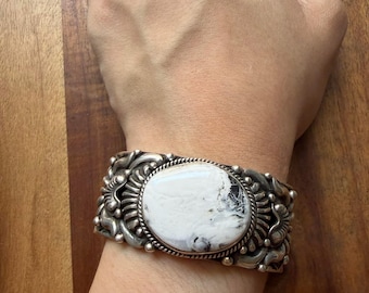 Navajo sterling silver white buffalo turquoise cuff bracelet