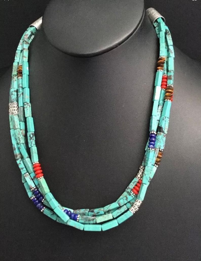Stunning ! Navajo sterling silver 3 strand Turquoise bead necklace 23 inch