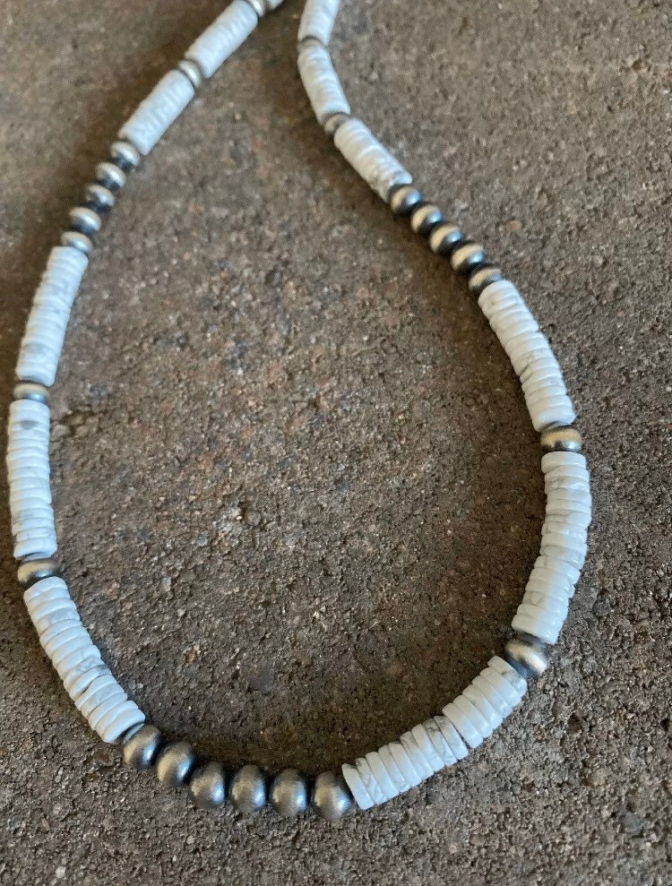 22 Single Strand White Buffalo Sterling Silver Beaded Necklace by Mar