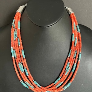 Sterling Silver Multi Strand Coral Turquoise Bead Necklace 24 Inch