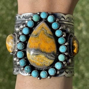 Navajo Native Sterling Silver Bumblebee Jasper Turquoise Cluster Cuff Bracelet