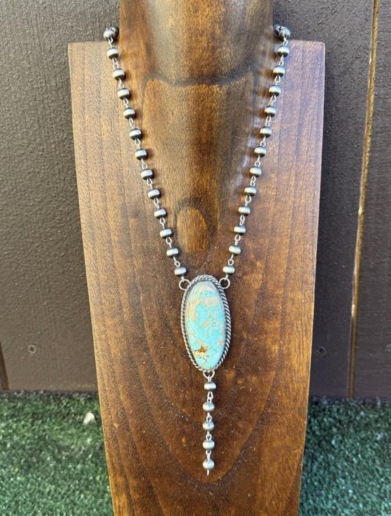 Navajo 925 Sterling Silver Royston Turquoise Pendant Rosary