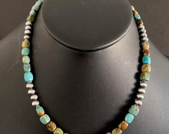 Sterling Silver Turquoise W Navajo Pearls Bead Necklace. 18 inch
