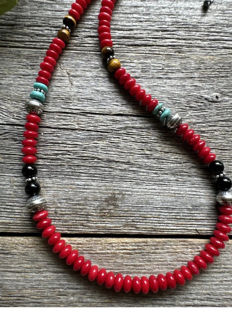 Southwestern 925 Sterling Silver Multi Stone Red Coral Bead