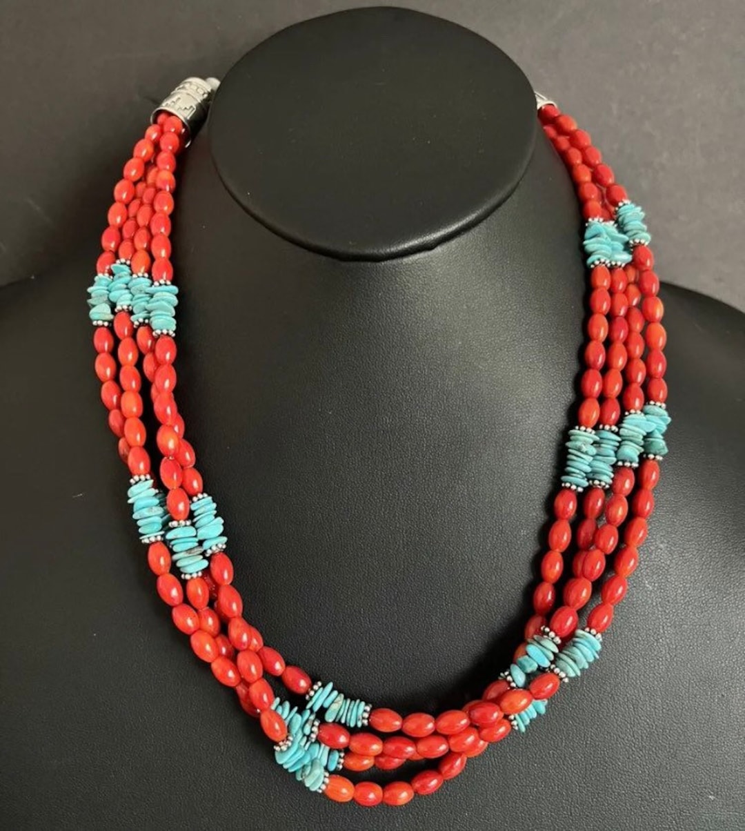 Sterling Silver Multi Strand Coral Blue Turquoise Bead Necklace 22 Inch ...