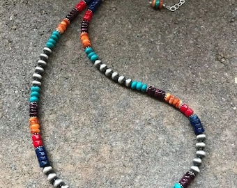 Sterling Silver Multi Stone Bead Necklace. 22 inch