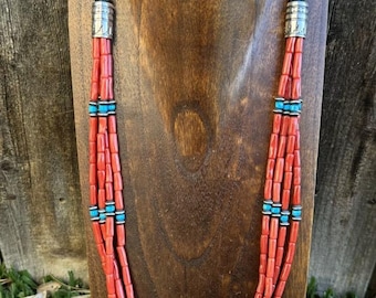 Natural Coral Sleeping Beauty Turquoise Sterling Silver MultiStrand BeadNecklace