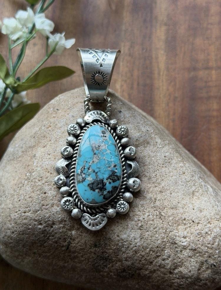 Navajo Native American Sterling Silver Blue Turquoise Pendant R