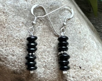 Southwestern 925 Sterling Silver Black Onyx Bead Earrings 1 Inch