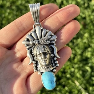 Navajo 925 Sterling Silber Türkis Indianerhäuptling Anhänger Südwestern
