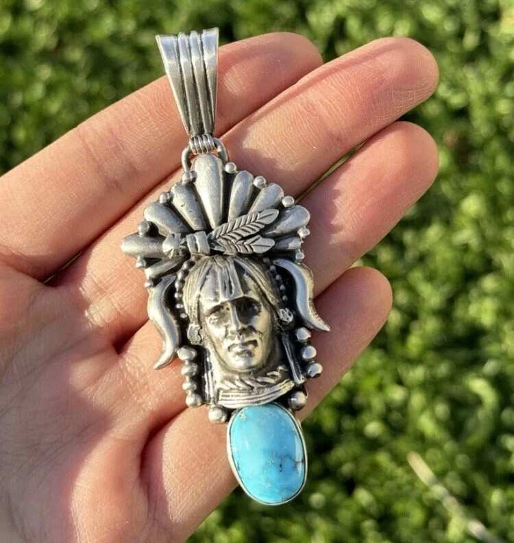 Navajo 925 Sterling Silver Turquoise Indian Chief Head Pendant