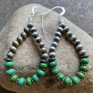 Sterling Silver Green Turquoise W Pearls Bead Loop Earrings.