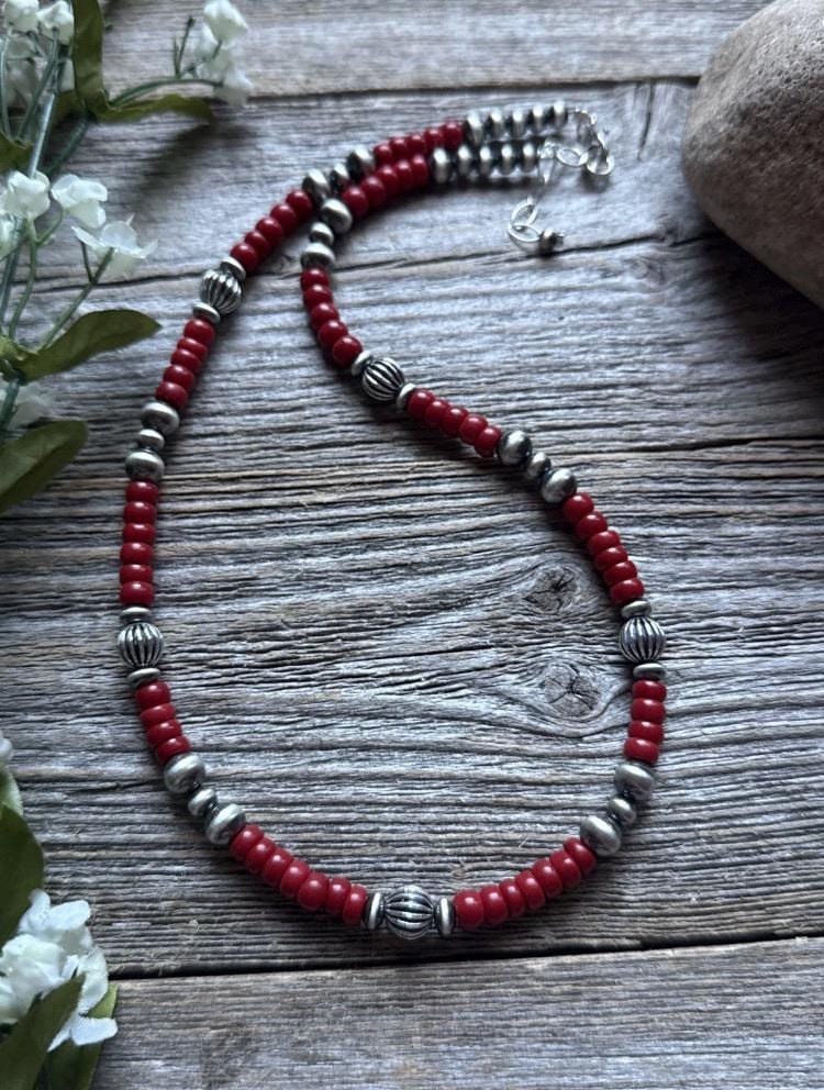 Southwestern Sterling Silver Red Coral W Pearls Bead Necklace 18