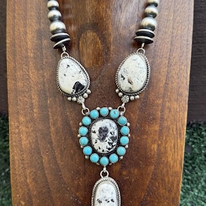 Navajo Sterling Silver White Buffalo Turquoise Cluster Chain Lariat Necklace CY