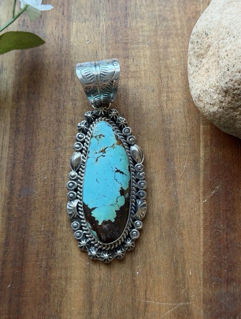 Navajo Sterling Silver Blue Turquoise Handmade Pendant K Yazzie