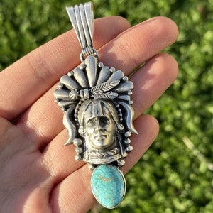 Navajo 925 Sterling Silber Türkis Indianerhäuptling Anhänger Südwestern