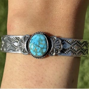Sunshine Reeves Turquoise Sterling Silver Stacker Stamped Cuff Bracelet. Navajo