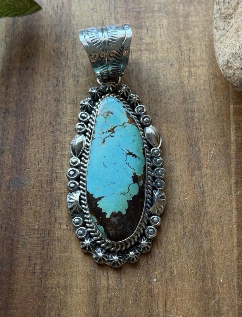 Navajo Sterling Silver Blue Turquoise Handmade Pendant K Yazzie