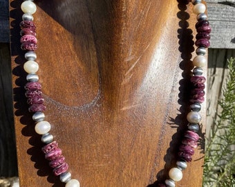 Sterling Silver Purple Spiny Oyster W Freshwater Pearls Bead Necklace 18 inch
