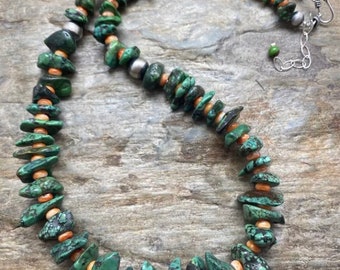 Sterling Silver Graduated Green Turquoise Spiny Oyster Bead Necklace 24 inch