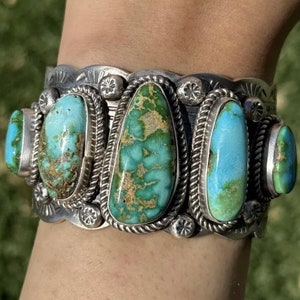 Navajo Sterling Silver Sonoran Gold Turquoise Row Cuff Bracelet. RY