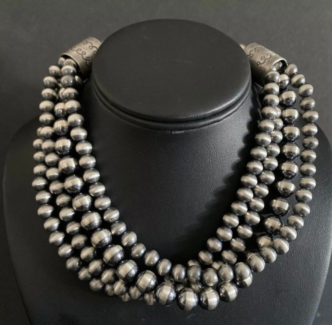 Sterling Silver Multi Strand Navajo Pearls Bead Necklace. 16 Inch ...