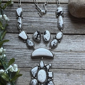 Navajo Sterling Silver White Buffalo Turquoise Lariat Necklace Set Mary Ellen