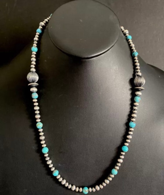 Sterling Silver Turquoise W Navajo Pearls Bead Necklace. 24 Inch