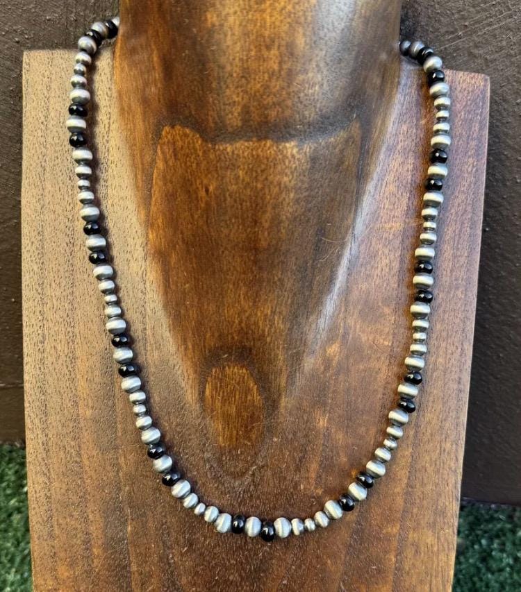 Sterling Silver Multi Bead Black Onyx W Pearls Bead Necklace. 18