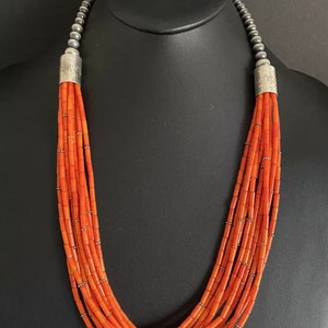 Sterling Silver Multi Strand Orange Coral Bead Necklace. 28 inch