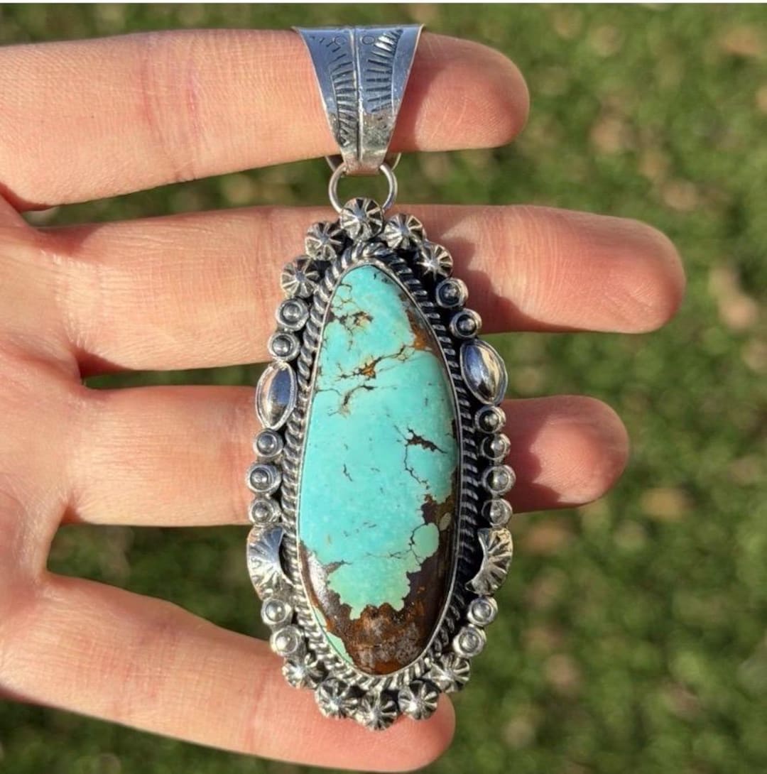 Navajo Sterling Silver Blue Turquoise Handmade Pendant K Yazzie