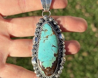 Navajo Sterling Silver Blue Turquoise Handmade Pendant K Yazzie