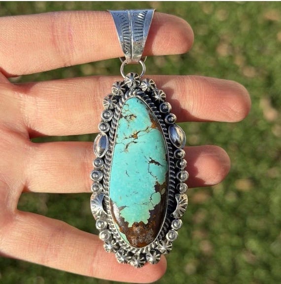Navajo Sterling Silver Blue Turquoise Handmade Pendant K Yazzie