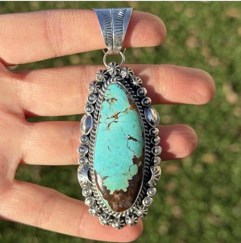 Navajo Sterling Silver Blue Turquoise Handmade Pendant K Yazzie