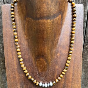 Southwestern 925 Sterling Silver Tigers Eye Pearls Bead Necklace 18 inch