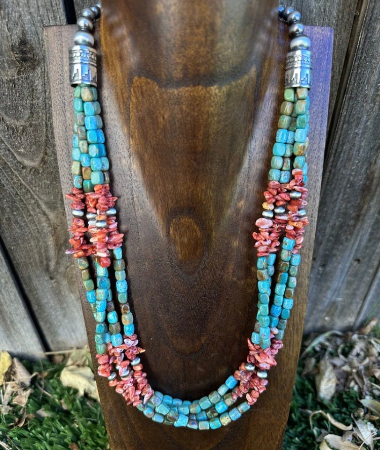 Sterling Silver Multi Strand Blue Green Turquoise Spiny Bead  display picture 3