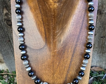 Southwestern Sterling Silver Black Onyx Bead Necklace. 18 Inch