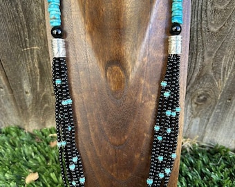 Sterling Silver Multi Strand Black Onyx with Turquoise Bead Necklace. 30 Inch