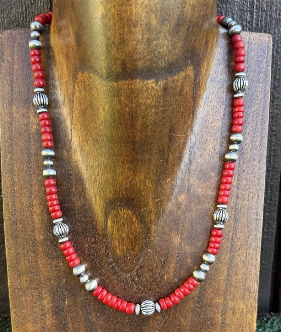 Southwestern Sterling Silver Red Coral W Pearls Bead Necklace 18