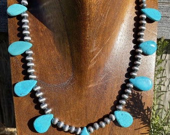 Sterling Silver Turquoise W Navajo Pearls Bead Necklace. 16 inch