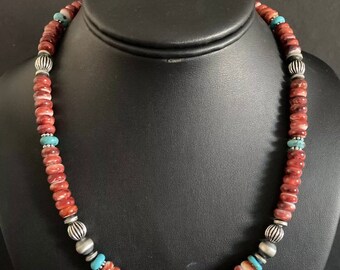 Sterling Silver Spiny Oyster Turquoise Bead Necklace. 18 inch