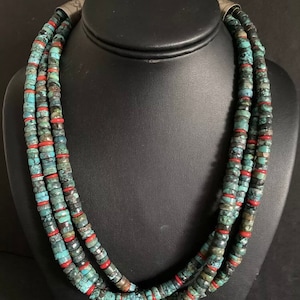Sterling Silver Multi Strand Turquoise Coral Heishi Bead Necklace. 20 inch
