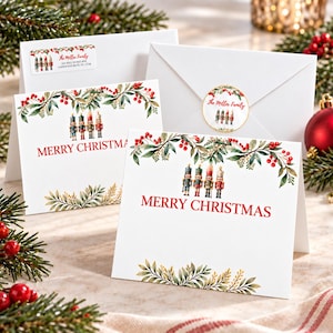 May include: White folded greeting cards and envelopes featuring a festive design of four nutcracker figures, red berries, and green foliage. The text MERRY CHRISTMAS is printed in red. A round sticker and a rectangular address label show the same design.
