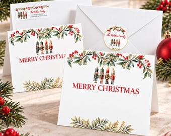 Nutcracker Christmas Stationery, Holiday Note Cards with Envelopes, Personalized Labels