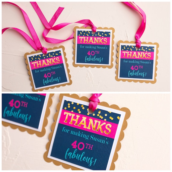 40th Birthday Party Favor Tags, Thank You Tags, Feminine Birthday, Hot Pink, Navy Blue, Fully Assembled or Printable Il_570xn